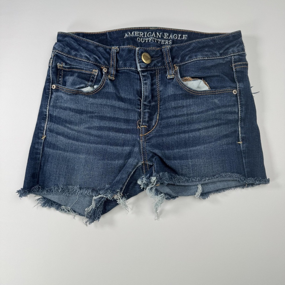 American Eagle Shorts Womens 2 Denim Super Stretch Skinny Raw Hem Distressed AEO